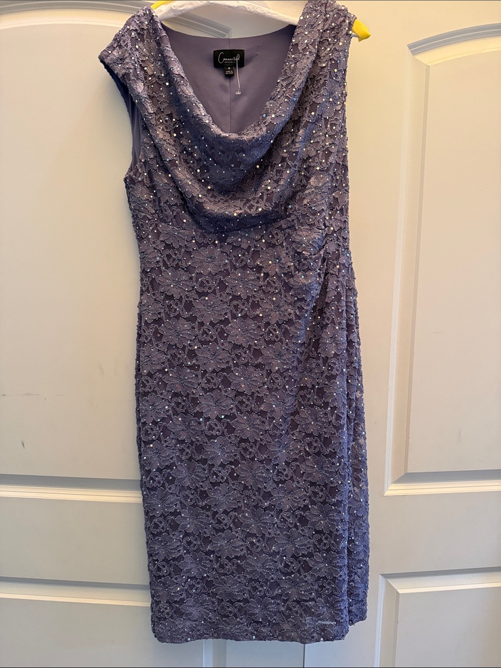 connected apparel Lavender Lace Cowl Neck Sheath Dress with Sequins